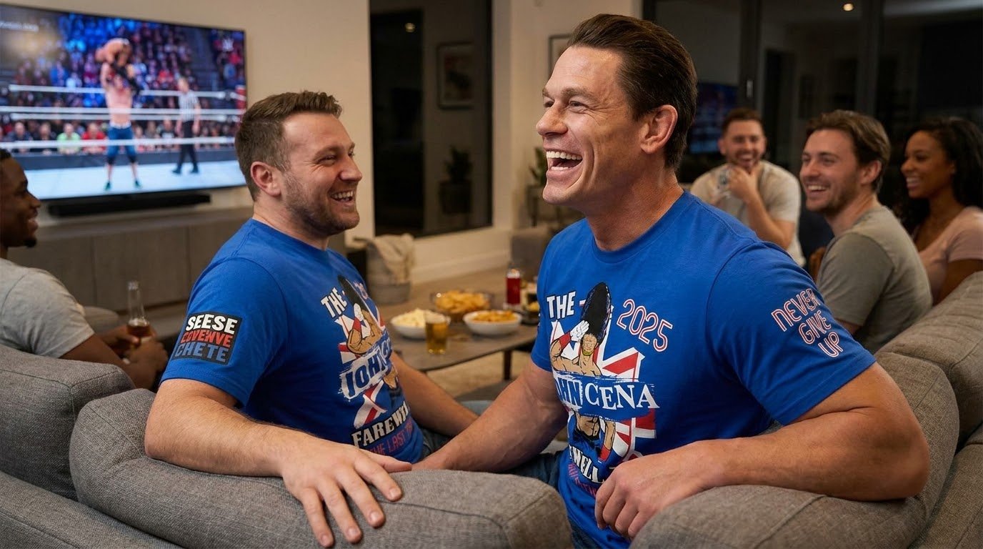 John Cena London shirt worn casually while laughing on a sofa.