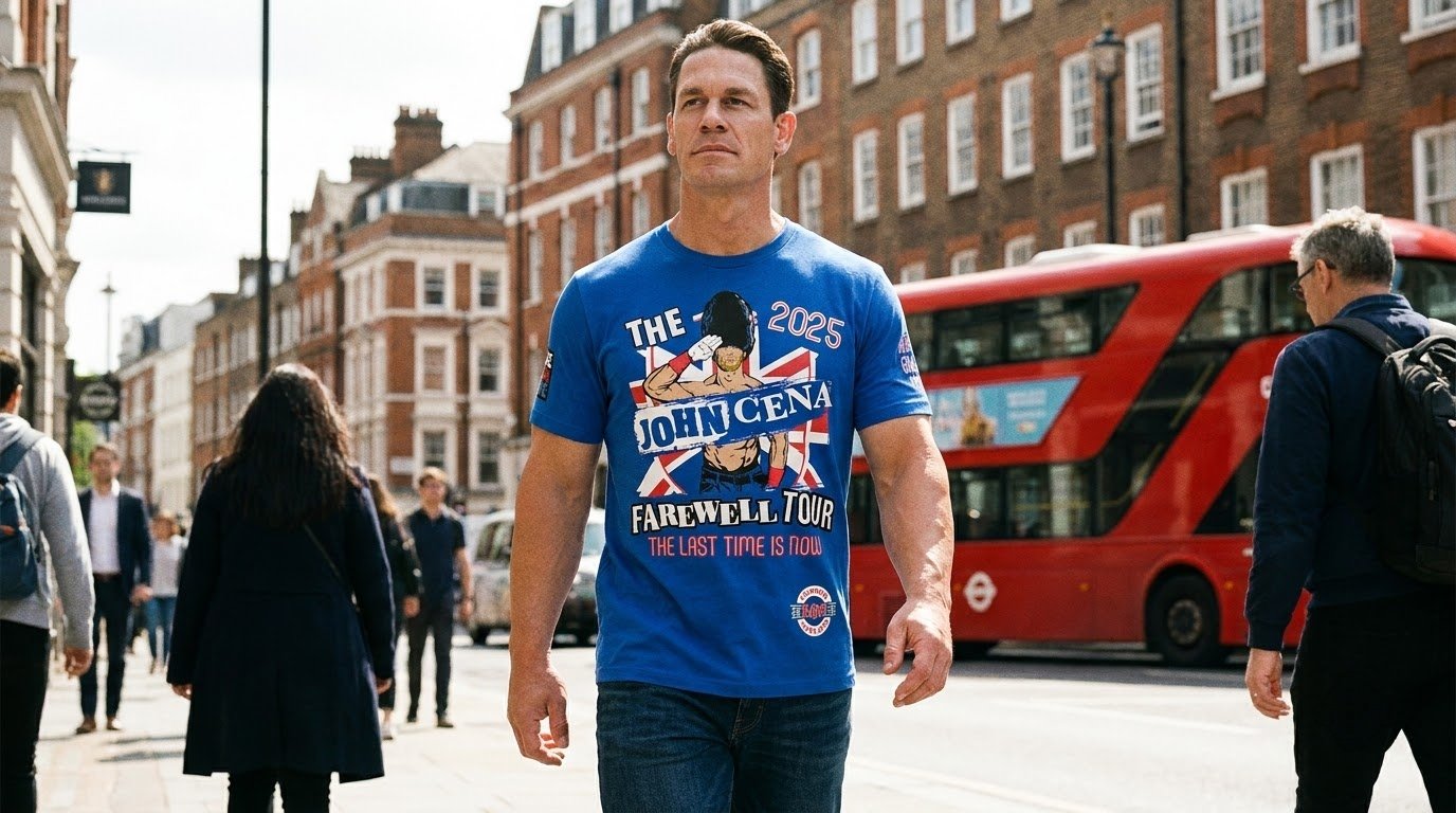 John Cena London shirt worn while walking on a London street.