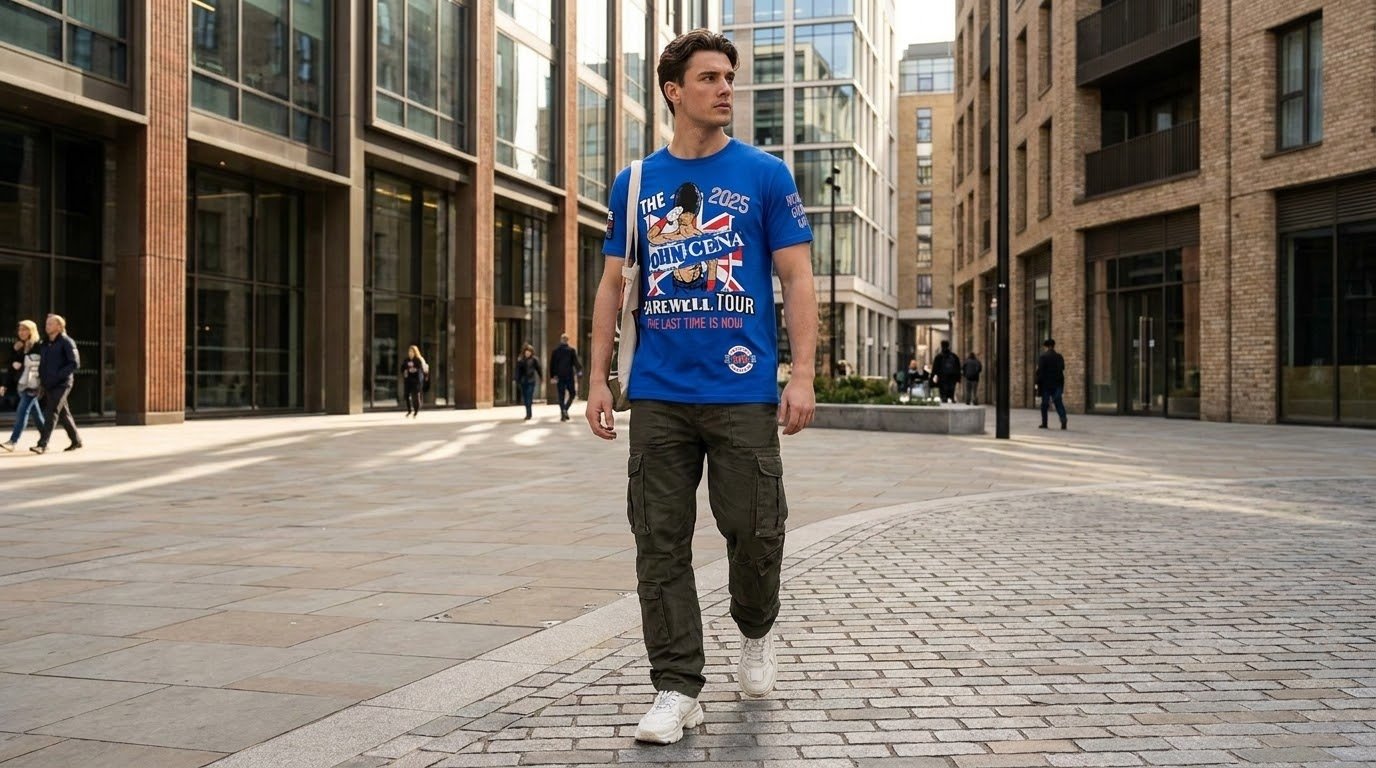 John Cena London shirt worn while walking through an urban plaza.