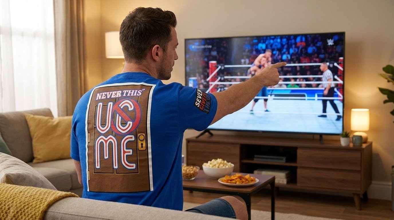 John Cena London shirt worn while pointing at a TV during a wrestling watch party.