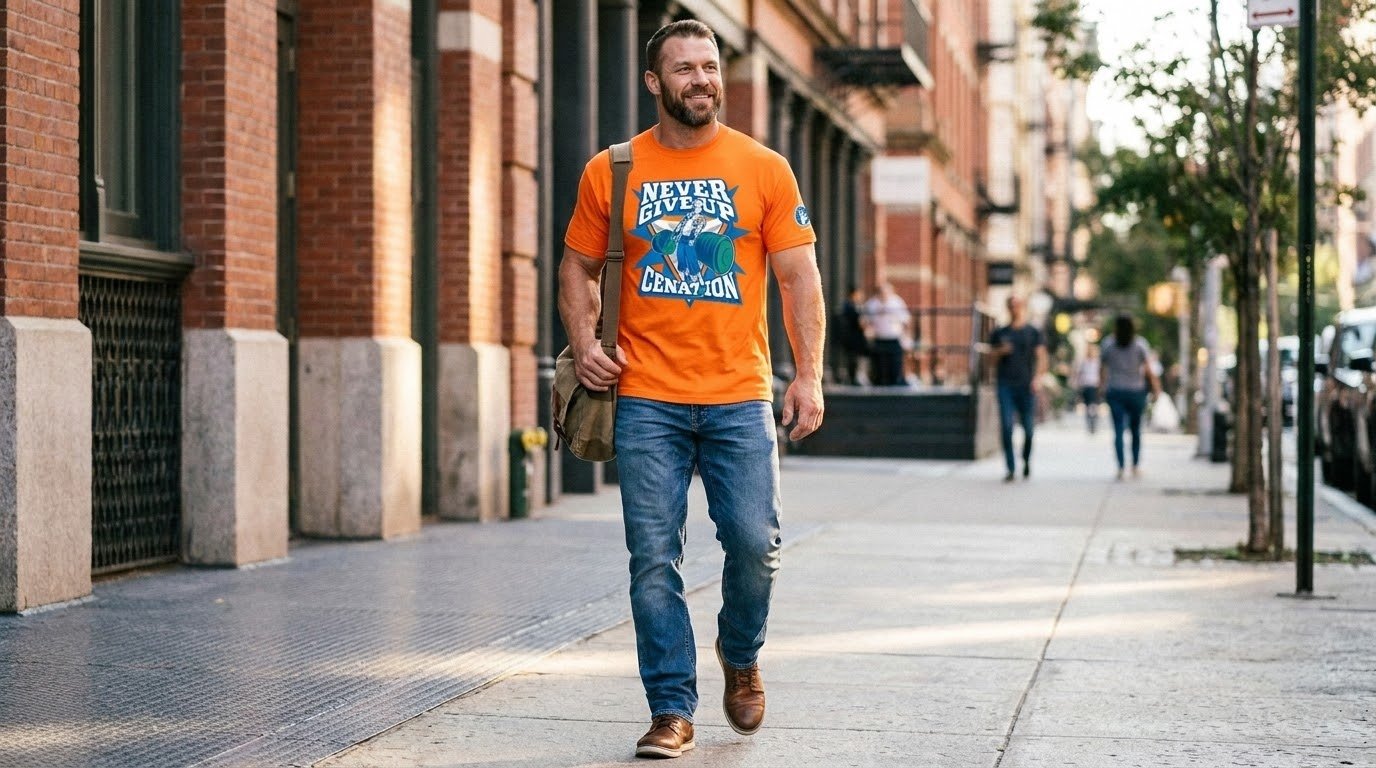 John Cena Never Give Up T Shirt styled for casual city wear