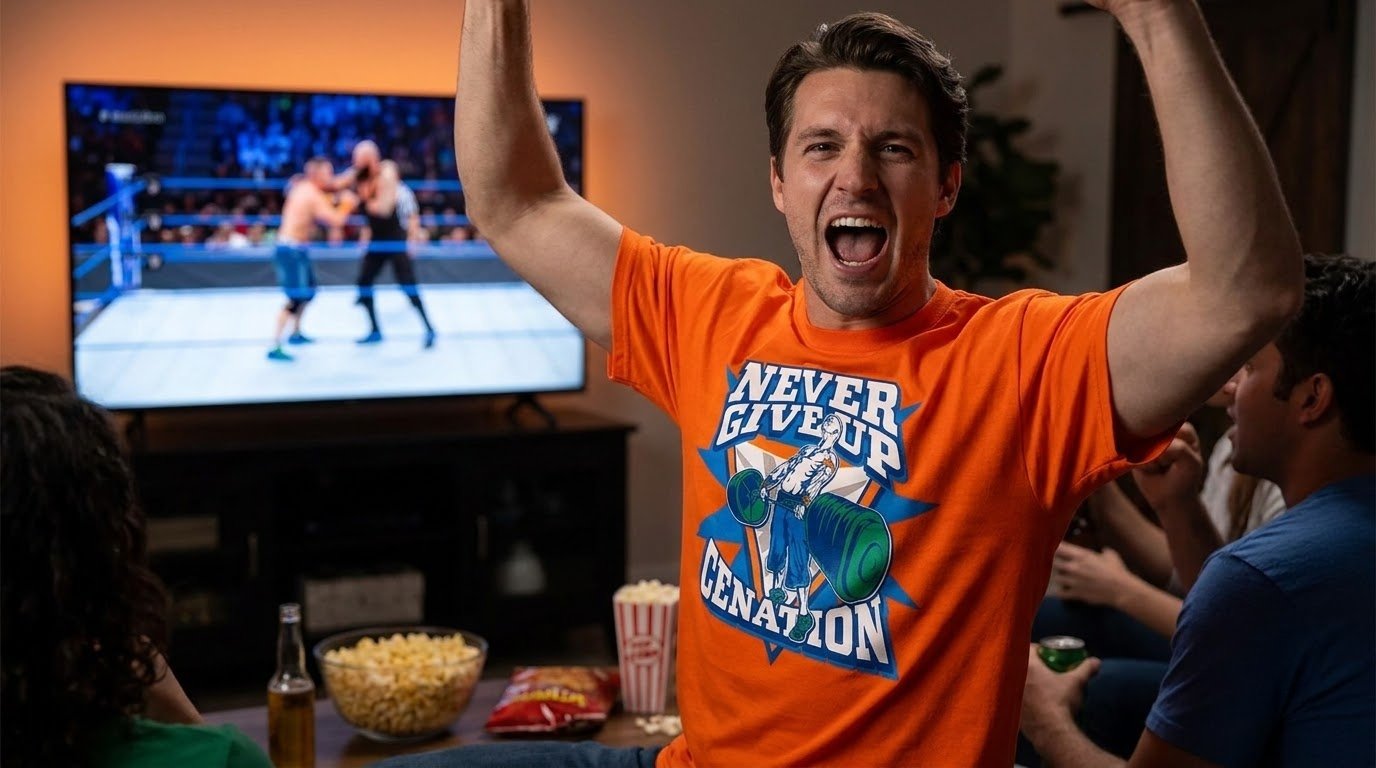 John Cena Never Give Up T Shirt in bright orange at a fan event
