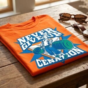 John Cena Never Give Up T Shirt orange flat lay product view