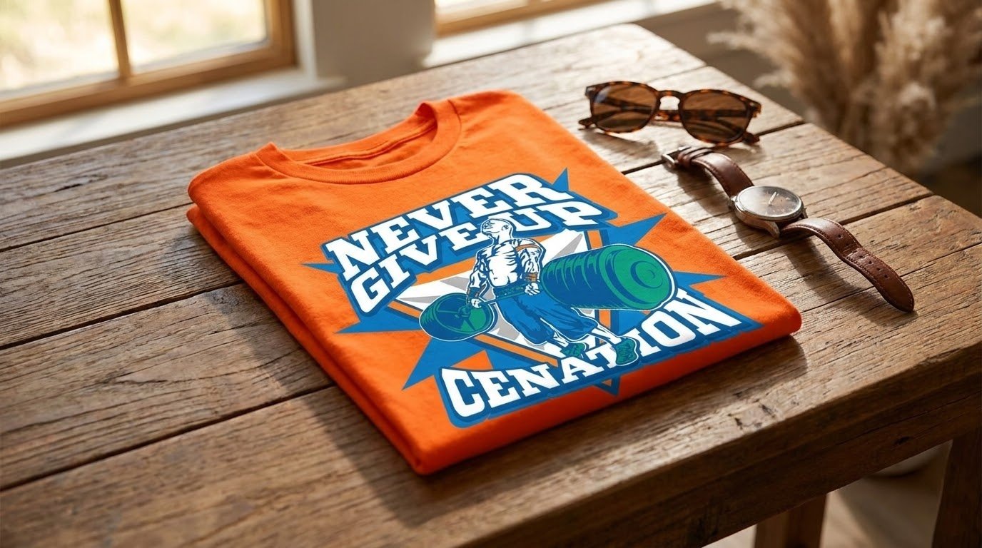 John Cena Shirts orange Never Give Up flat lay