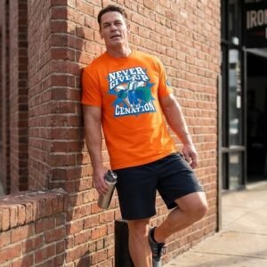 John Cena Never Give Up T Shirt bright orange casual look