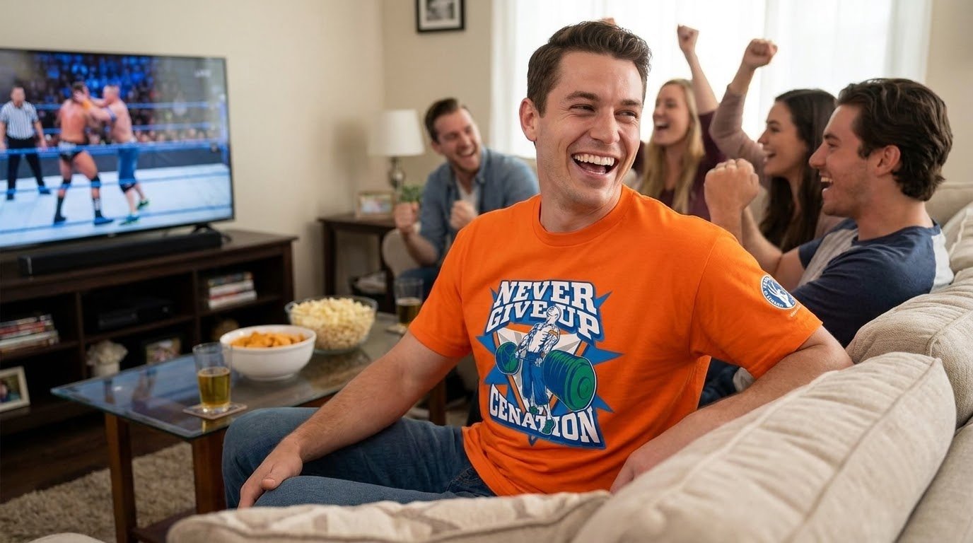 John Cena Never Give Up T Shirt at a wrestling watch party