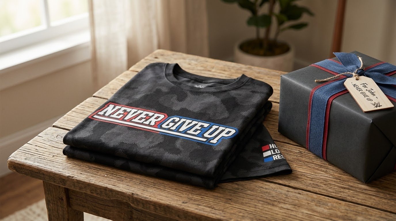 John Cena Shirt Never Give Up folded black tonal design