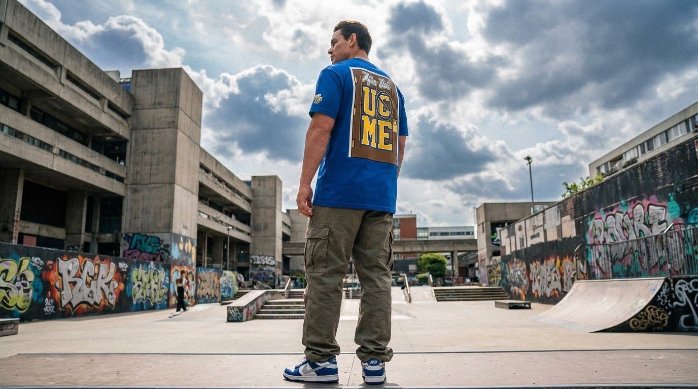 John Cena St Louis Shirt blue graphic at a wrestling watch party