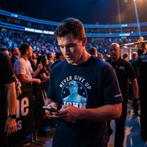 WWE John Cena Never Give Up T Shirt worn at a wrestling arena