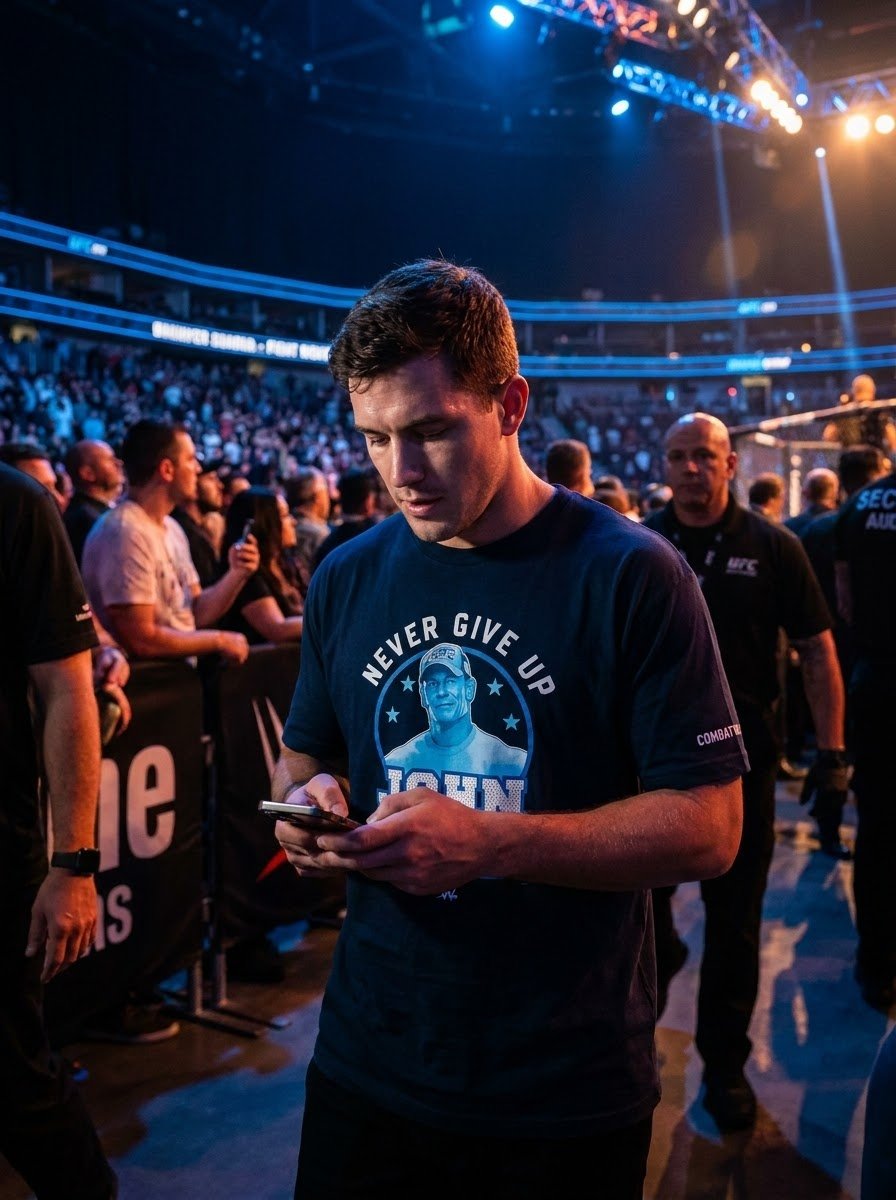 WWE John Cena Never Give Up T Shirt worn at a wrestling arena