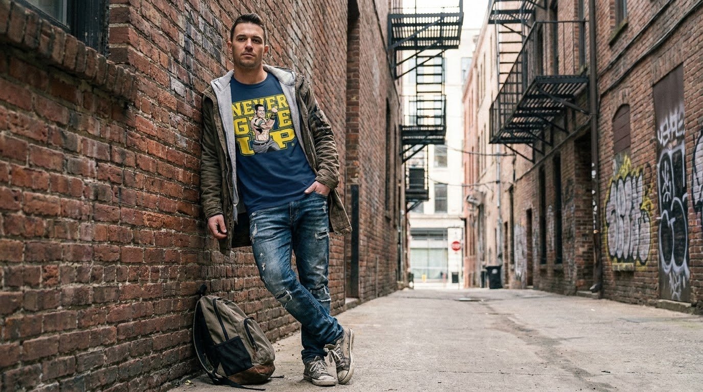 WWE John Cena Never Give Up T Shirt styled with an open plaid overshirt