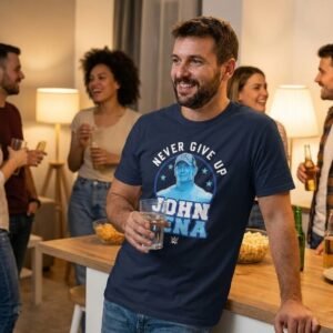 WWE John Cena Never Give Up T Shirt at a casual gathering