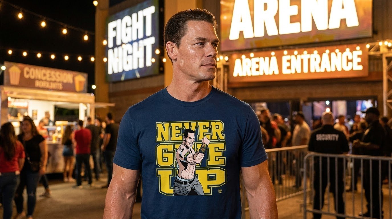 WWE John Cena Never Give Up T Shirt worn with a casual jacket and jeans
