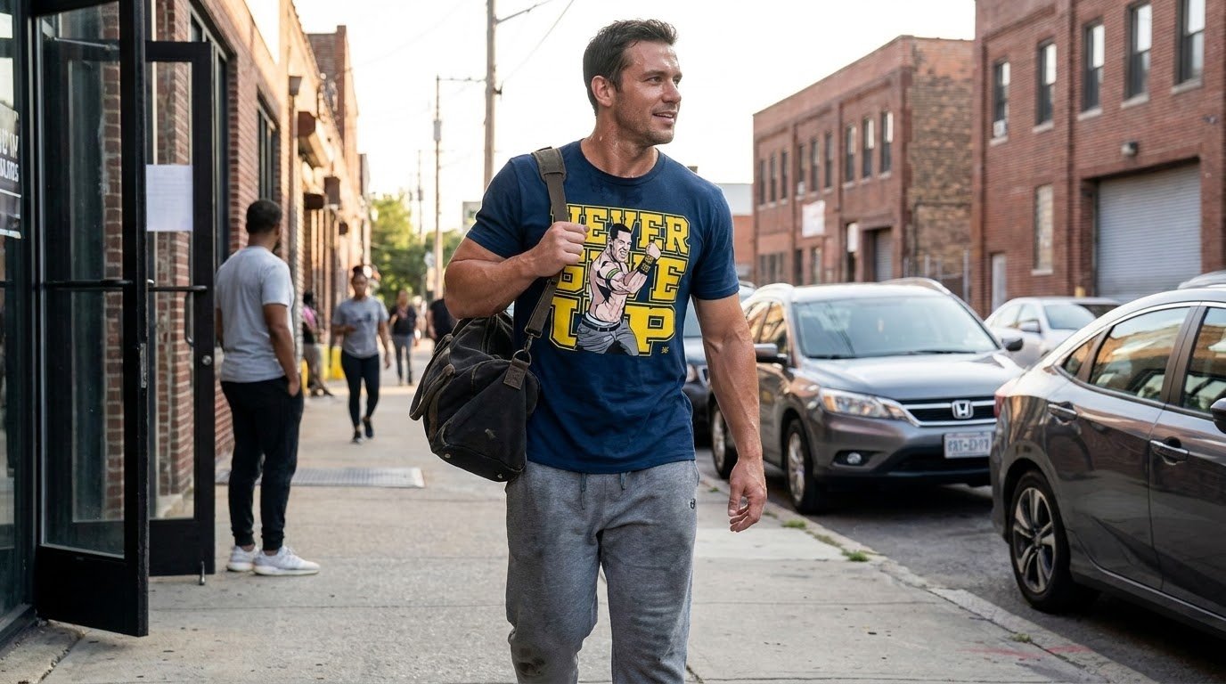 Man wearing WWE John Cena Never Give Up T Shirt after a workout
