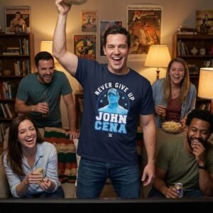 WWE John Cena Never Give Up T Shirt at a fan watch party