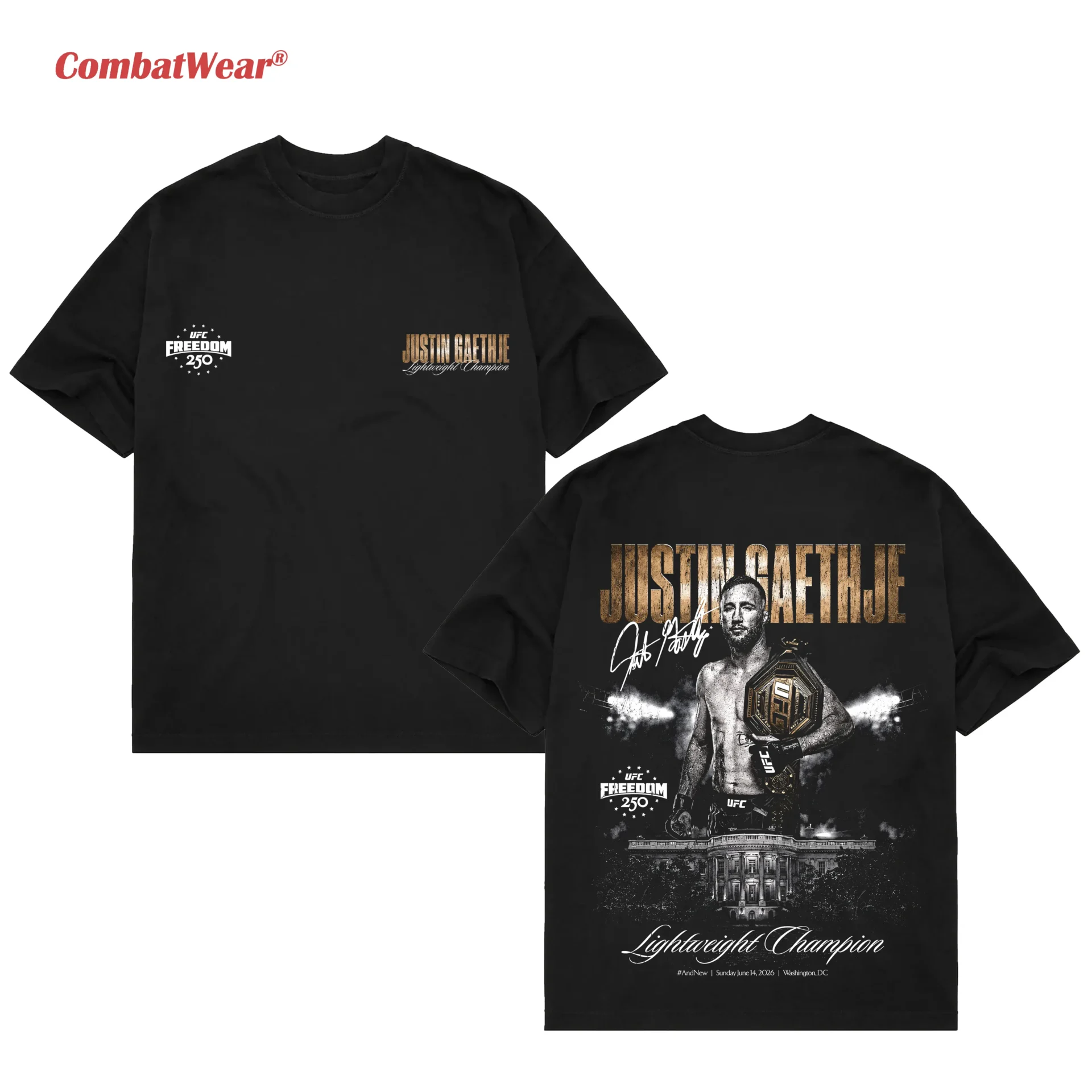Black Justin Gaethje Freedom 250 champion shirt with restrained front graphics and large title-winning back artwork
