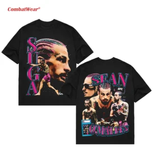 Black Sean O'Malley UFC Shirt with large colorful Suga portrait on the front and full fighter collage on the back